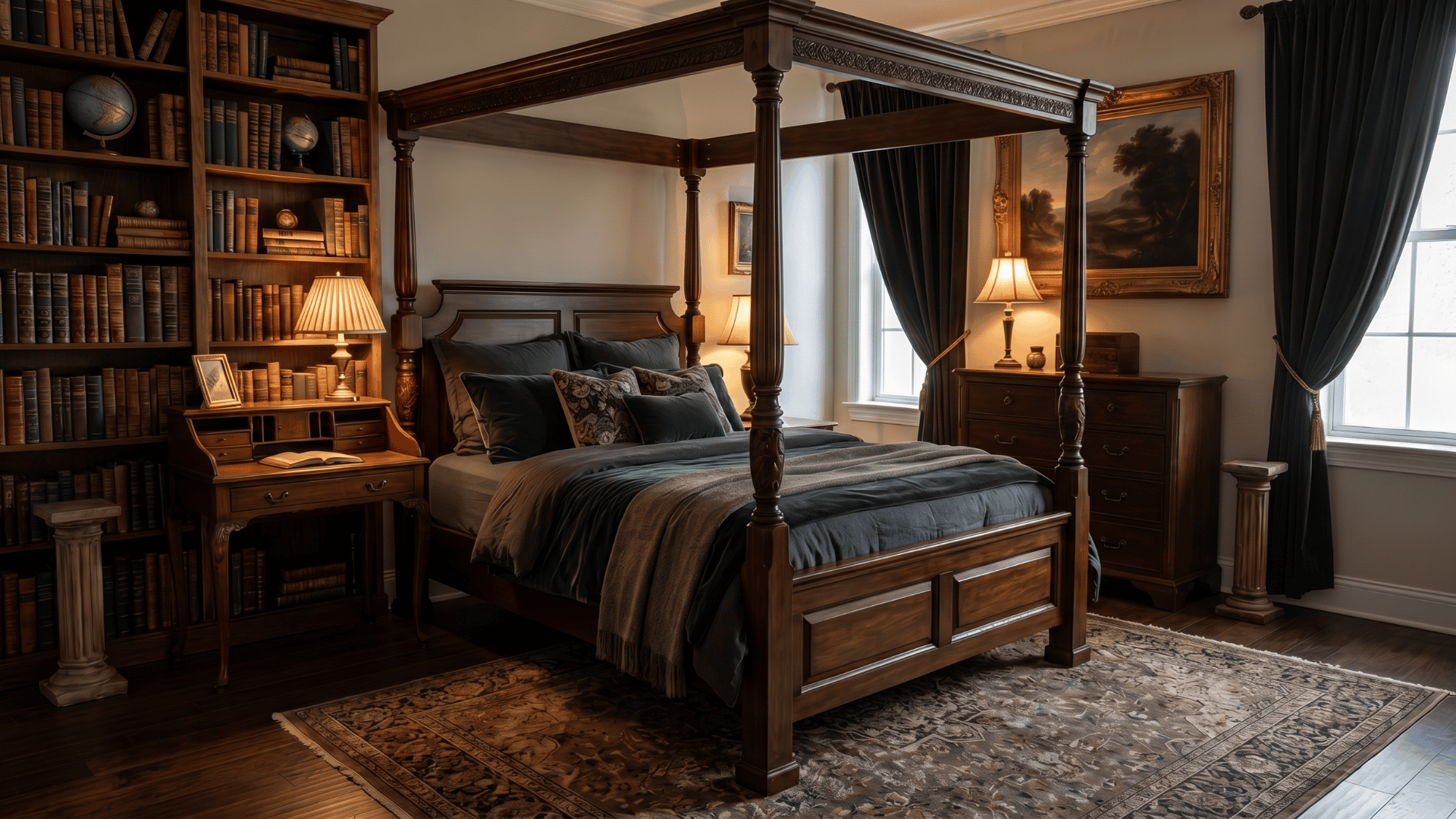 dark-academia-bedroom-with-dark-wood-bed-layered-bedding-warm-lamp-framed-art-books-and-a-vintage-style-rug