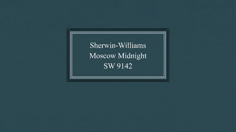 Dark blue-gray paint background with the text “Sherwin-Williams Moscow Midnight SW 9142” inside a simple framed label design.
