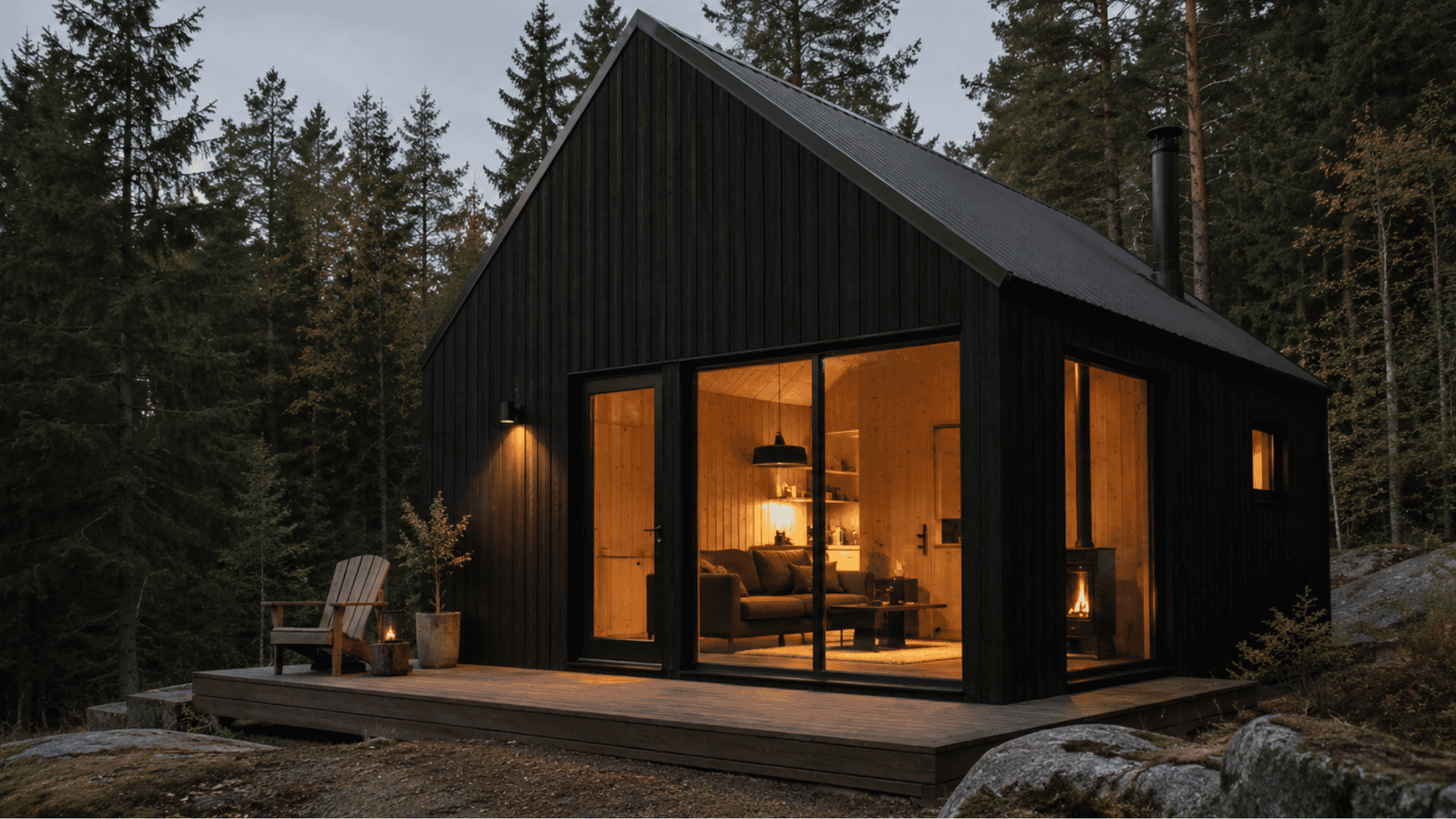 dark-clad cabin with black exterior, large windows, warm wood interiors, and soft modern lighting