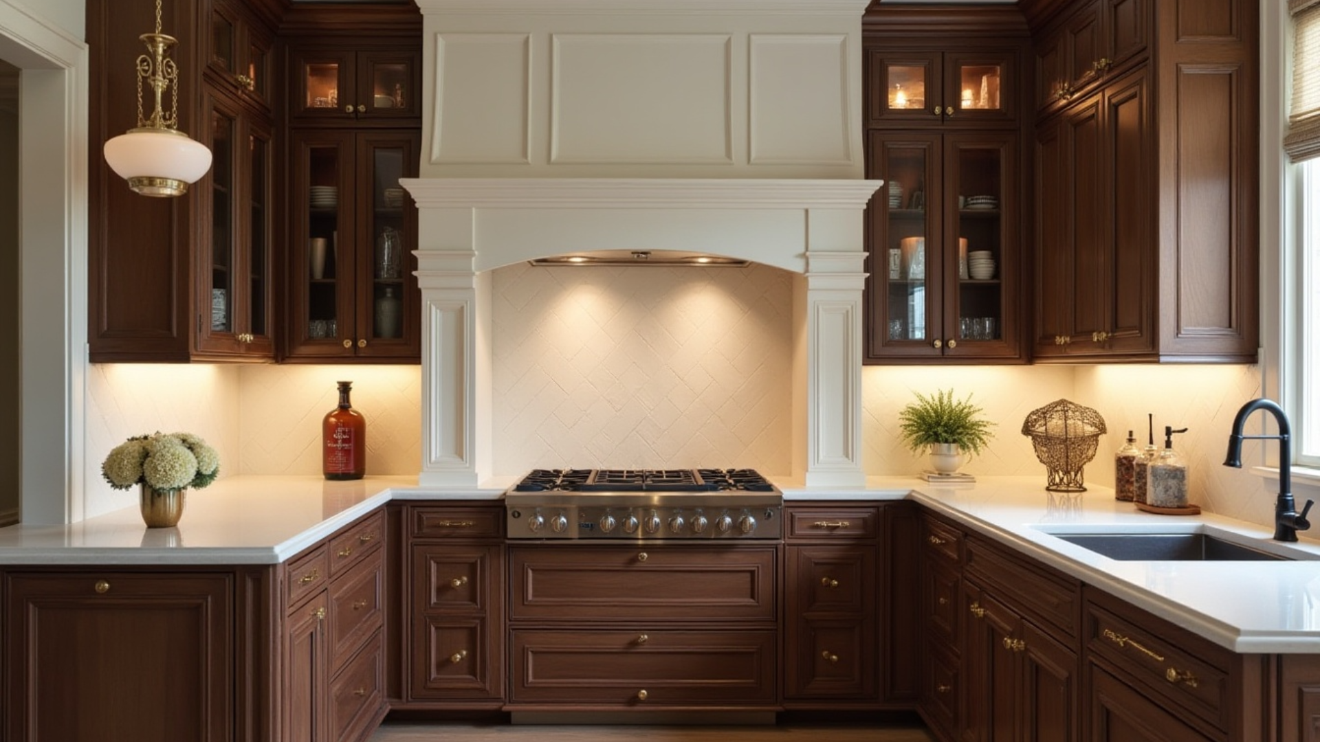 dark walnut cabinets with creamy white walls and vintage gold fixtures in a classic kitchen setting