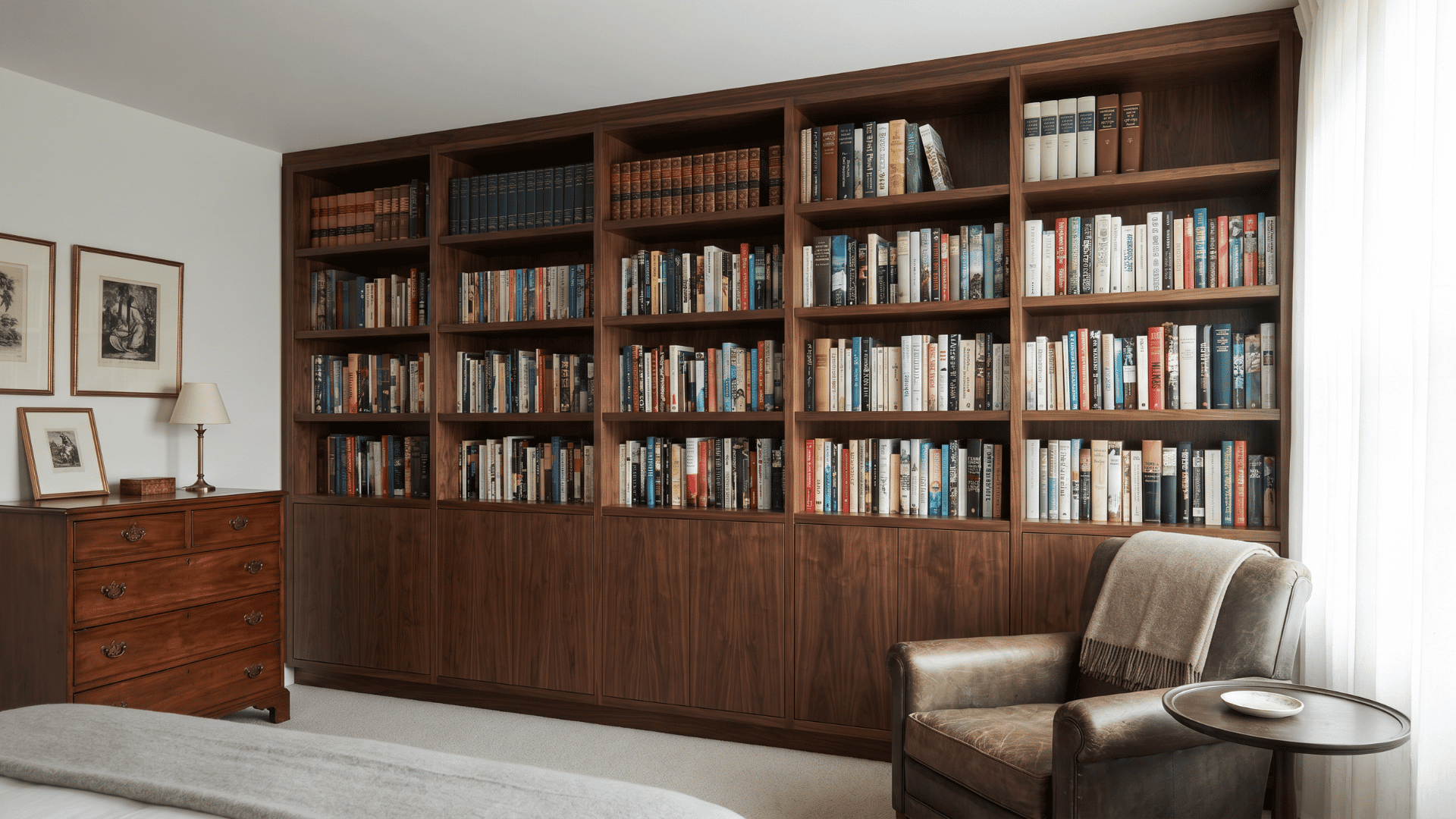 Dark wood bookshelves filled with books along a bedroom wall