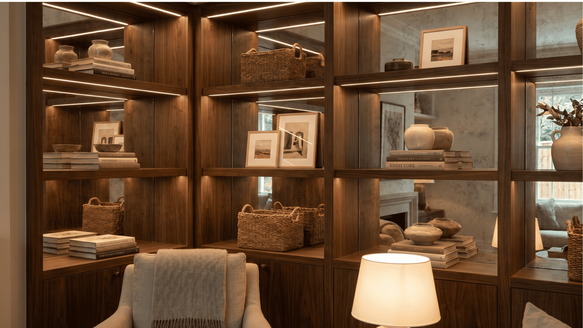 Dark wood built-in shelves with mirrored backing behind books and decor