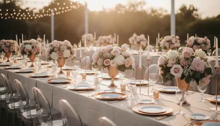 Elegant outdoor wedding table setting with pink and white floral centerpieces, candles, and glassware