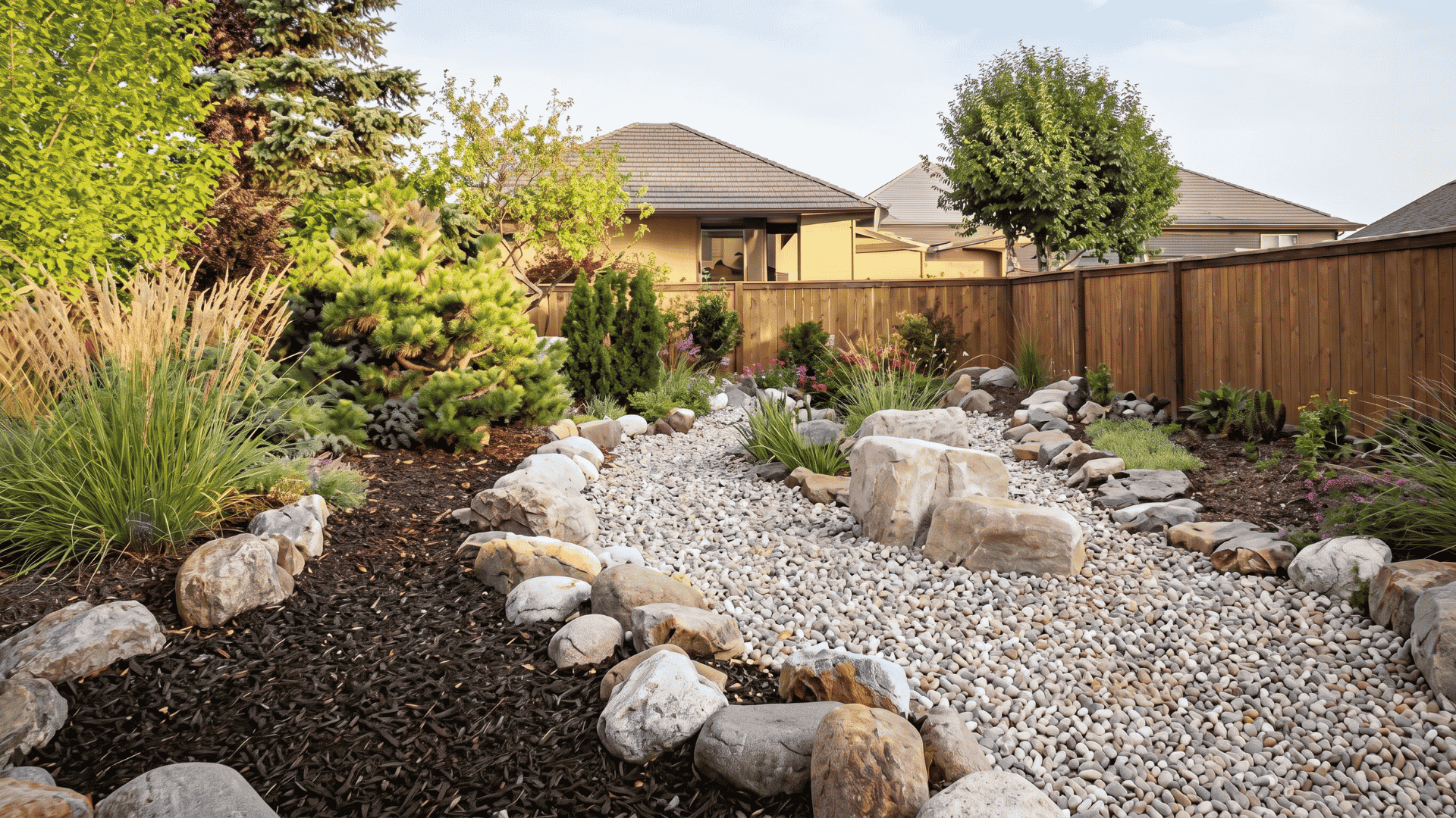 Decorative gravel and rock beds with drought-tolerant plants in a front yard.