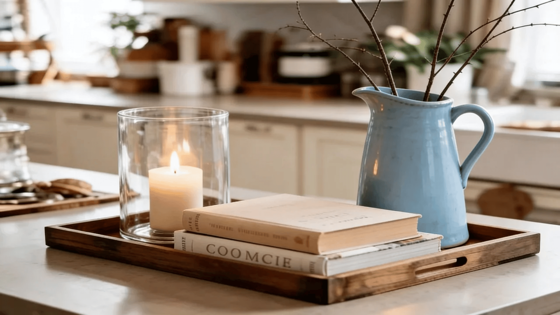 Decorative tray on a kitchen island with books, a lit candle, and a blue ceramic pitcher with branches.
