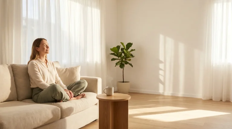 Woman meditating on beige sofa in sunlit room with potted plant and round wooden table