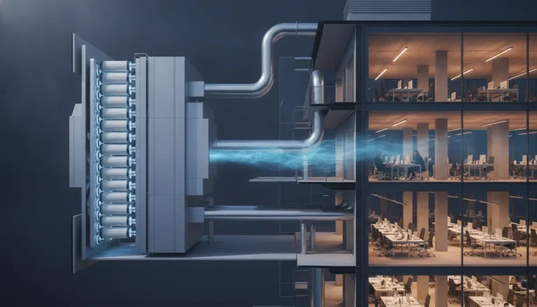 Large air conditioning system with ducts connected to glass-walled office building at night