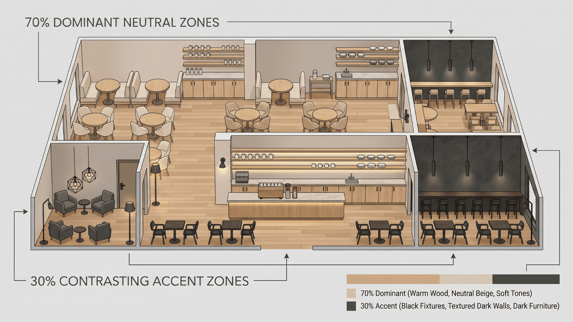 Diagram showing dominant neutral cafe design with smaller contrasting accent elements