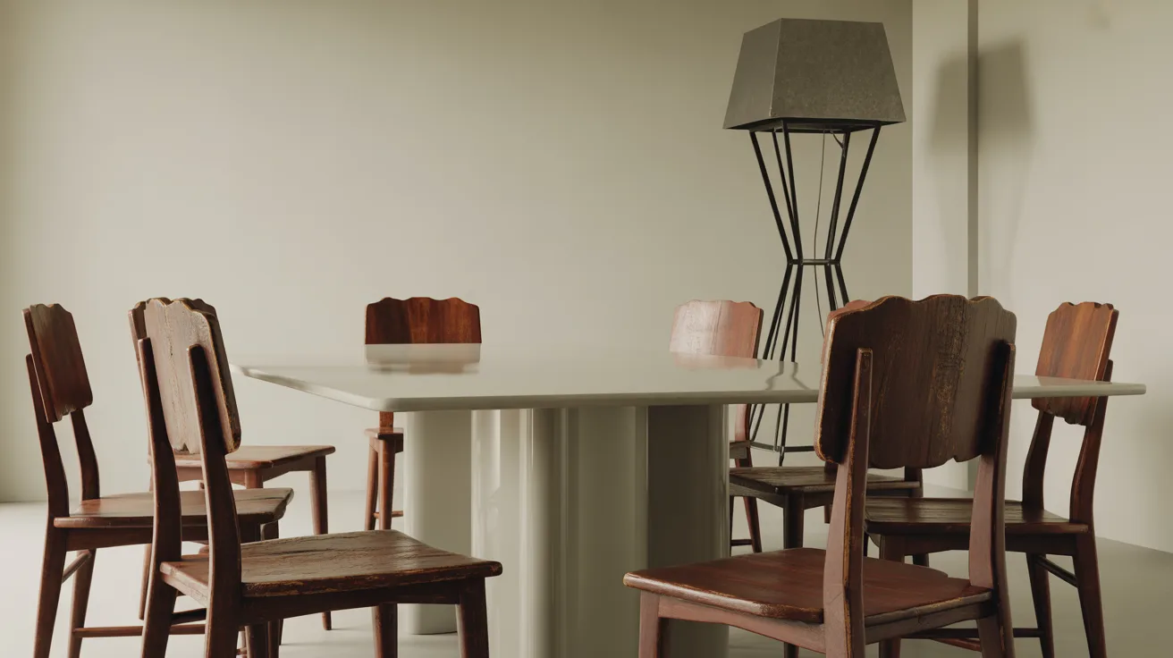 Dining area with modern table paired with vintage chairs and a contrasting floor lamp