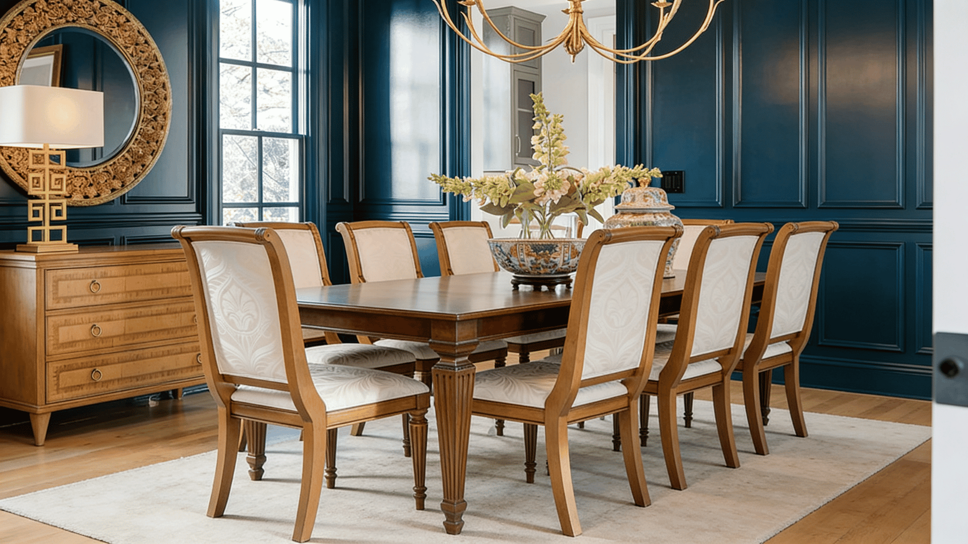 Dining room with deep navy-blue walls, warm wood furniture, cream dining chairs, brass lighting, and soft natural light.