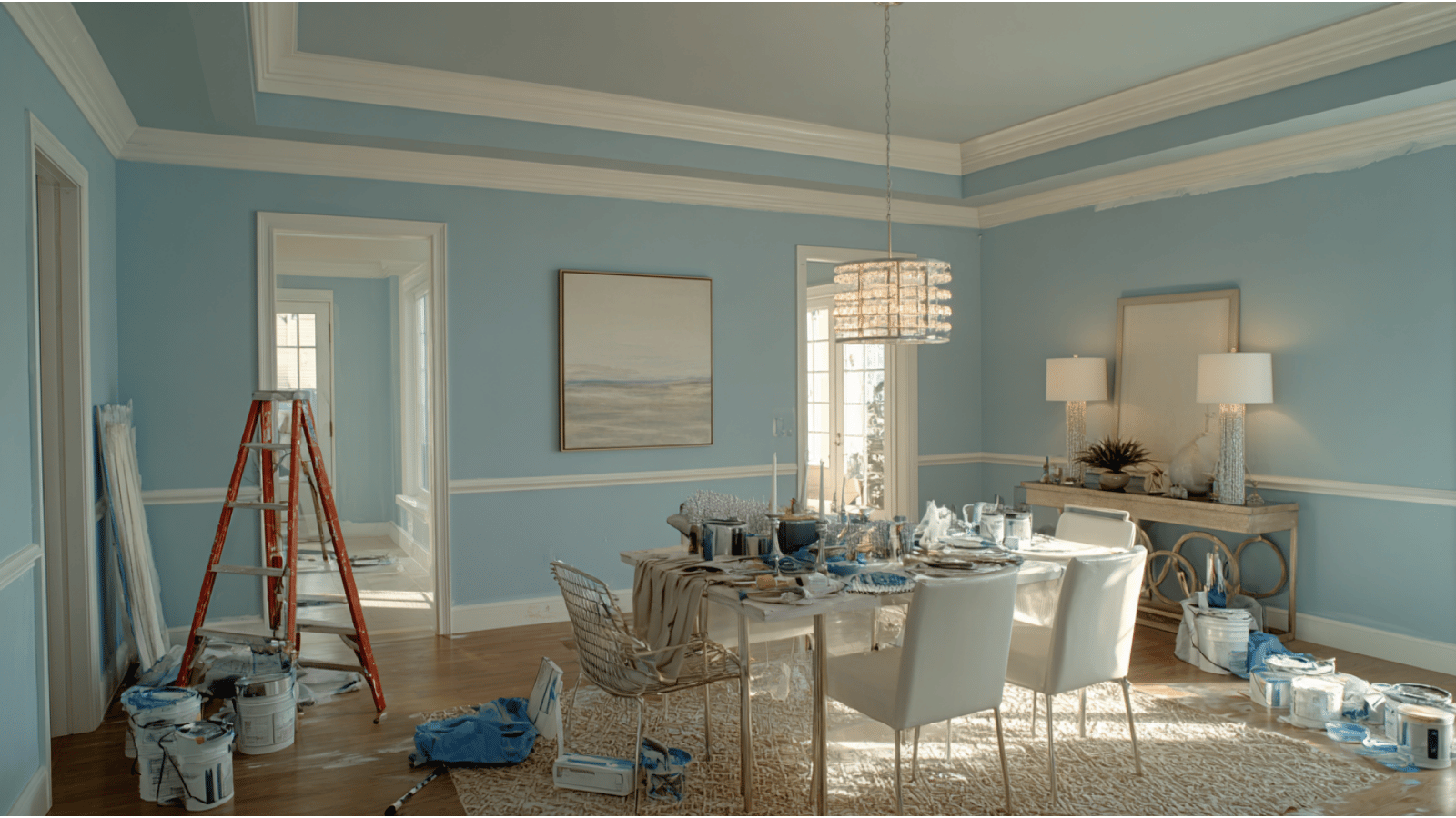 Dining room with painted accent walls, trim details, ladders, and painting tools arranged indoors neatly.