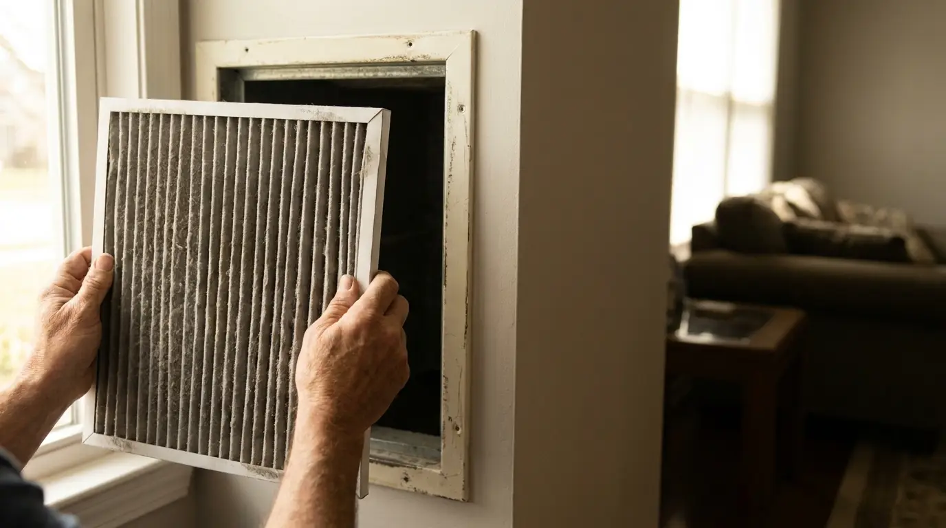 Hands removing a dirty air filter from vent in a living room with couch and table nearby