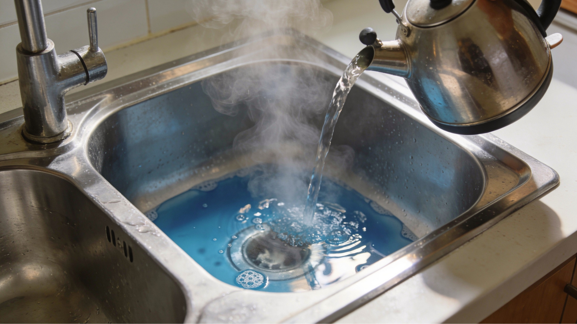dish soap and steaming hot water are poured into a stainless steel kitchen sink drain