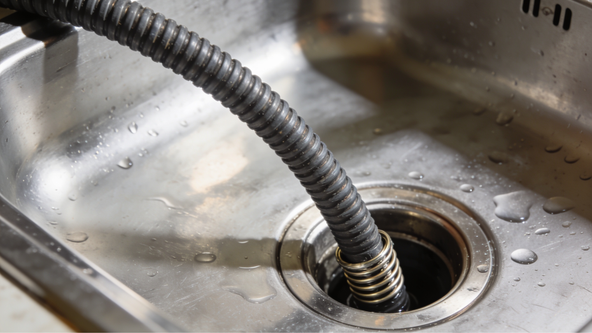 drain snake is inserted into a stainless steel kitchen sink drain to clear a blockage