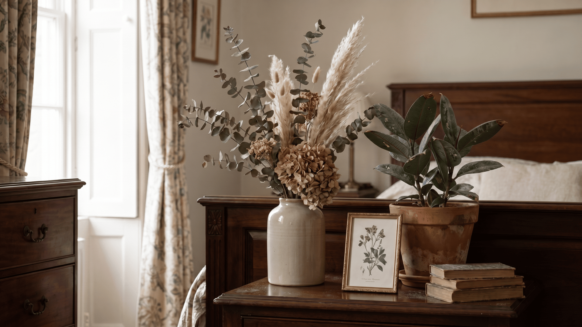 Dried florals in a vase with deep green plants on bedroom furniture