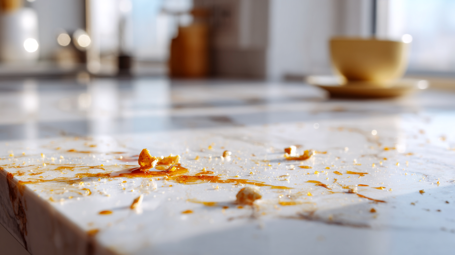 dried food residue and sticky spills on a white quartz countertop surface