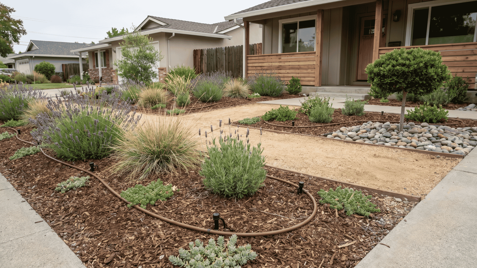 Drip irrigation tubes running along shrub beds in a landscaped front yard.