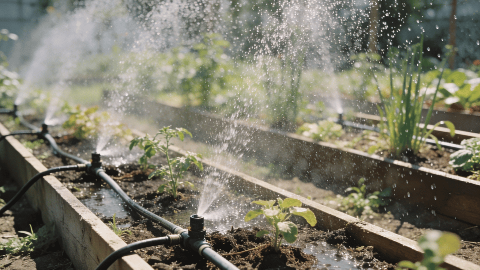 Drip irrigation watering plants in raised garden beds