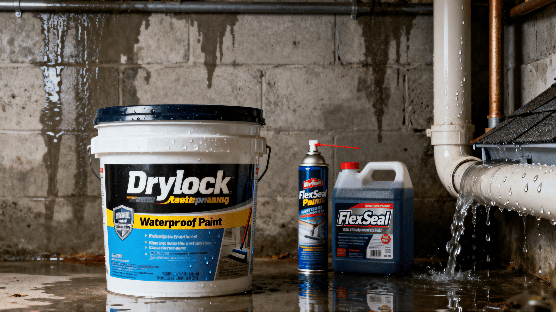 drylok and flex seal products placed in a damp basement beside leaking pipes and water-damaged concrete walls.