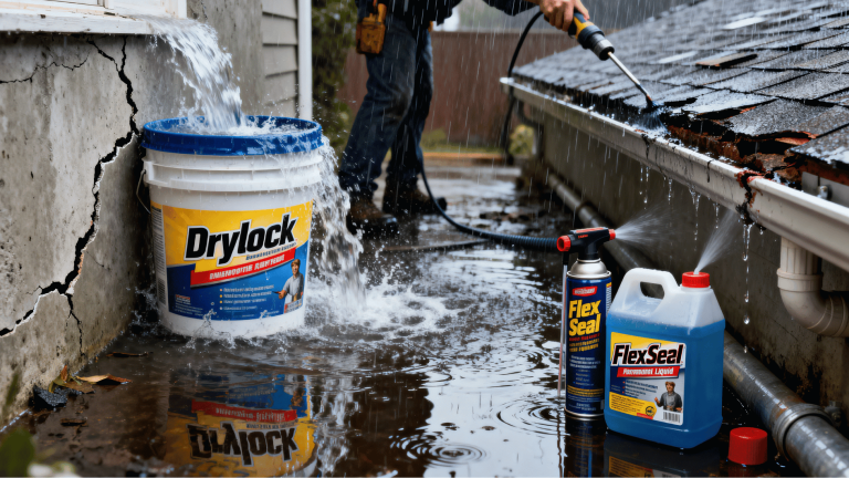 drylok and flex seal products used during heavy rain to repair cracked walls, leaking roofs, and water damage.