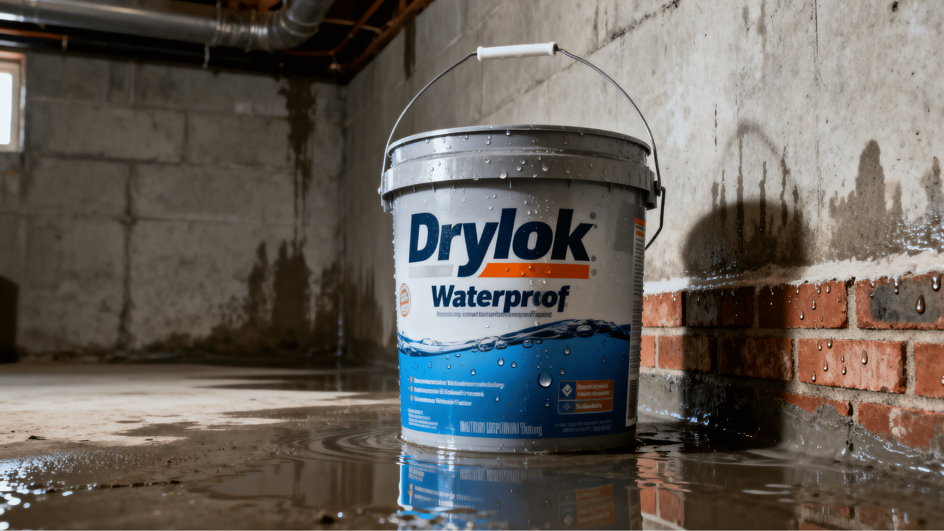 drylok waterproof paint bucket placed in a damp basement beside wet concrete walls and standing water on the floor.