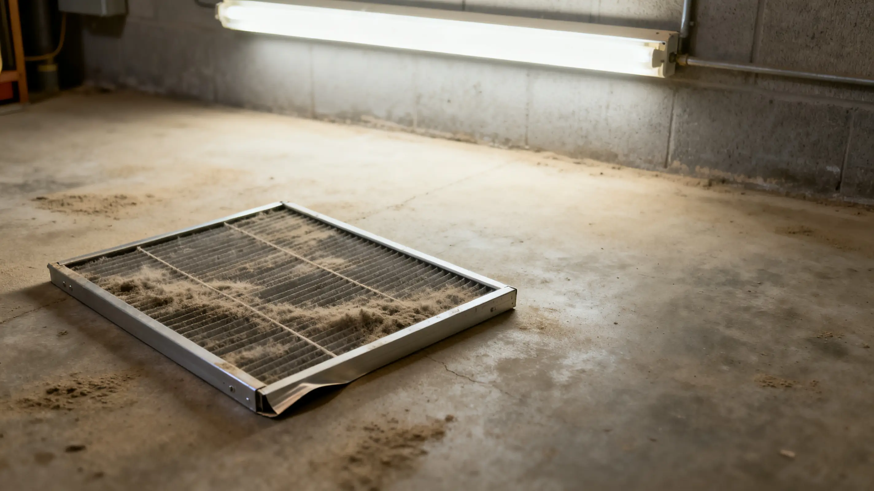 Dirty air filter on concrete floor in dimly lit basement with fluorescent lighting