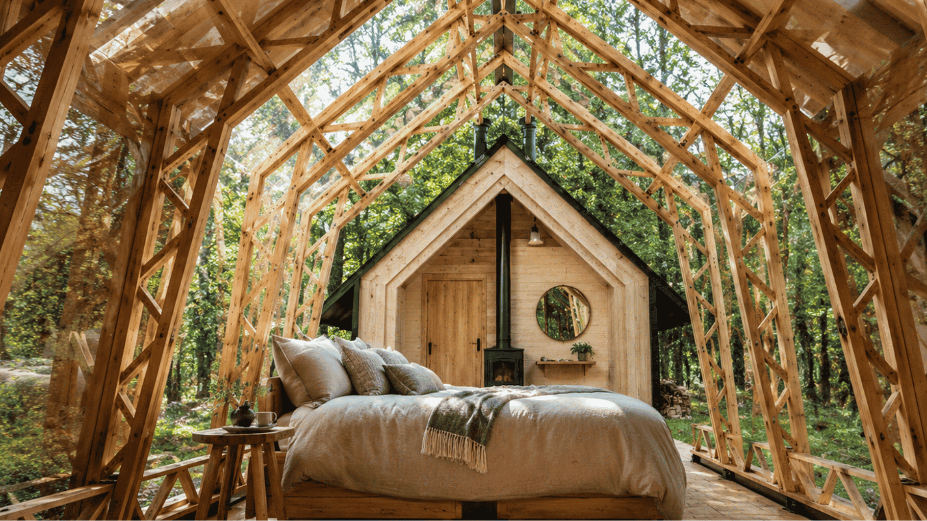 dutch-style cabin bedroom with exposed wooden frame structure, cozy bed, glass walls, and forest surroundings in warm natural light
