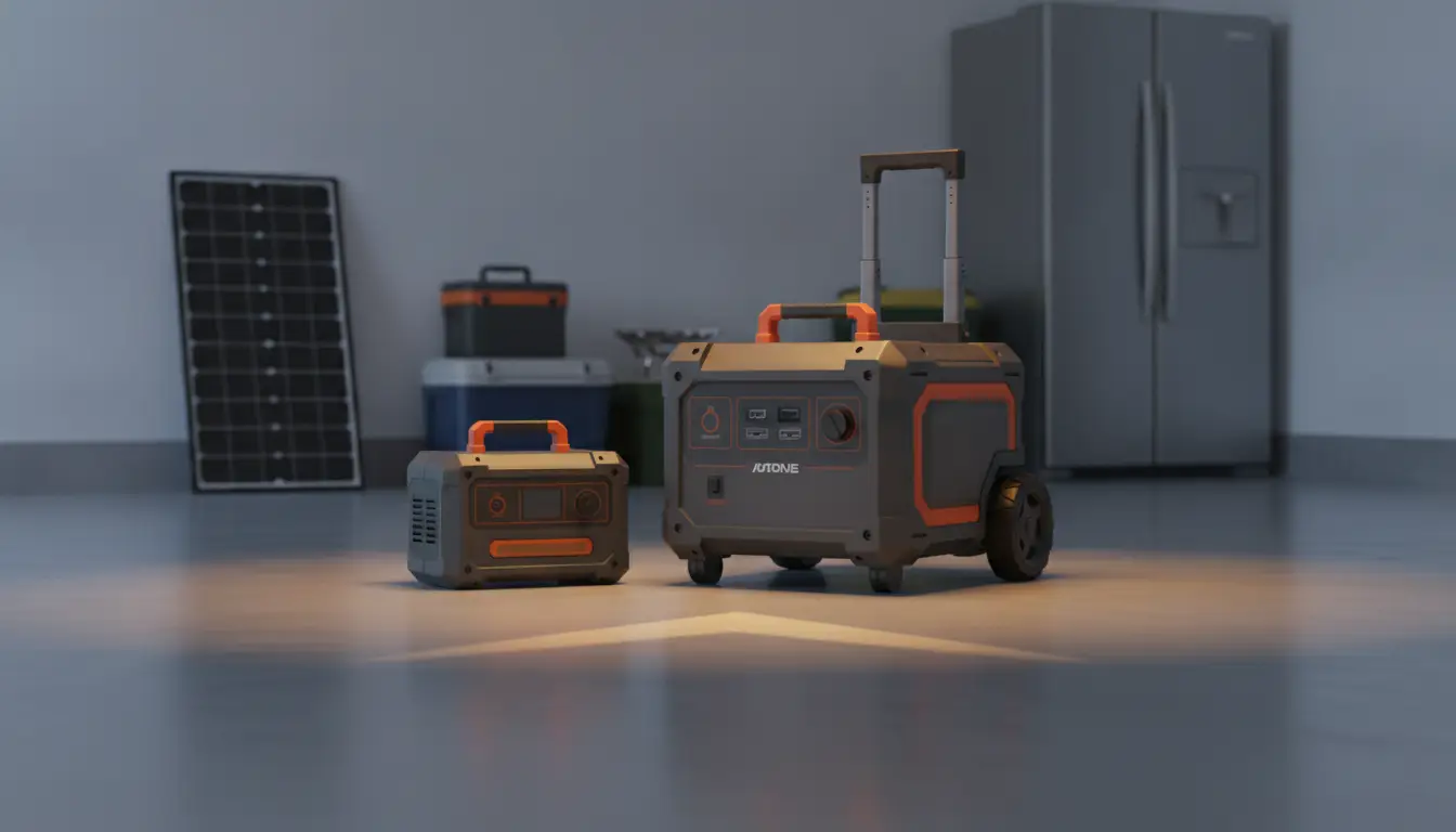 Portable generators with orange handles in a garage setting with solar panel and fridge nearby