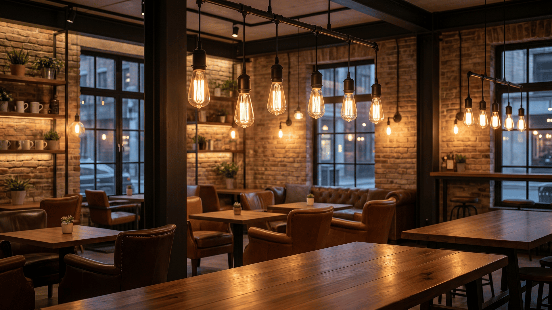 Edison bulb fixtures hanging above wooden tables in a modern industrial cafe interior