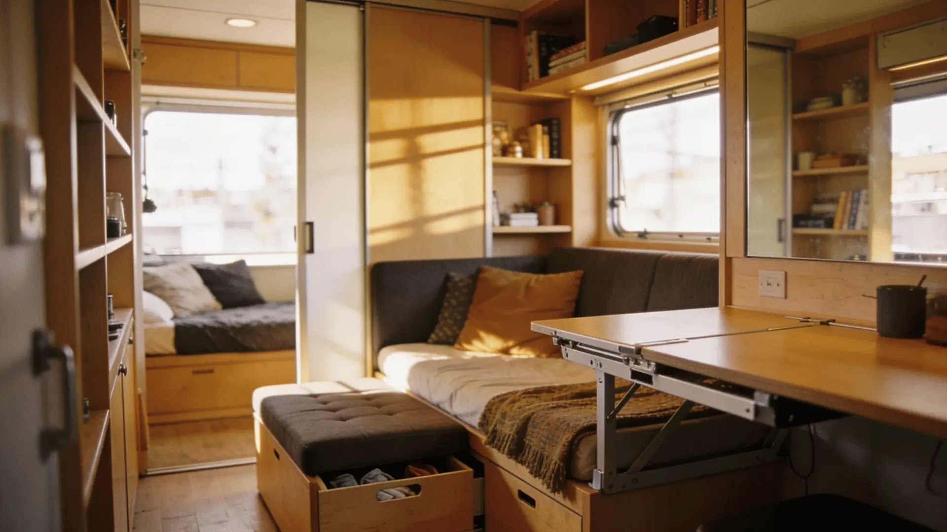 Efficiently designed 250-square-foot micro-living space with functional and space-saving furniture