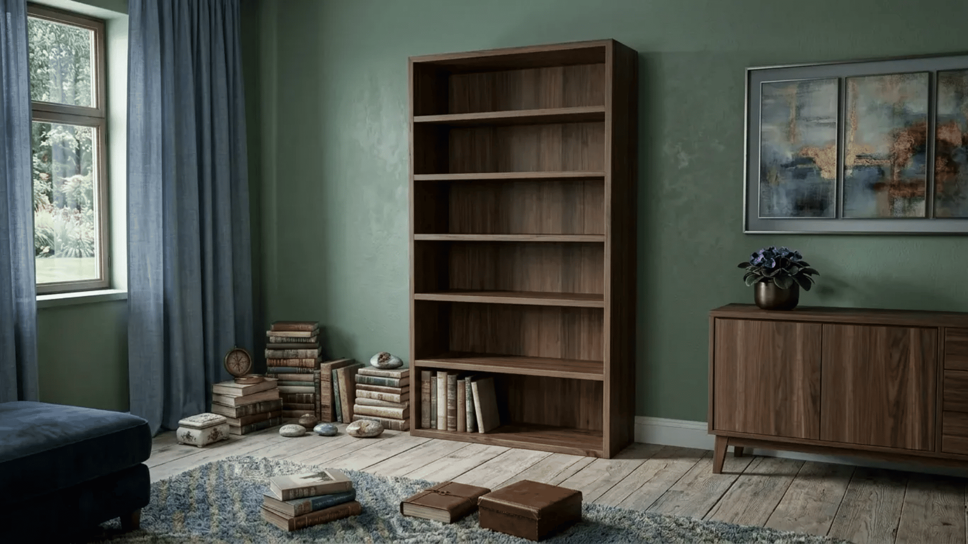 Empty wooden bookshelf in a green living room with stacked books, blue curtains, framed wall art, and a wooden cabinet nearby.