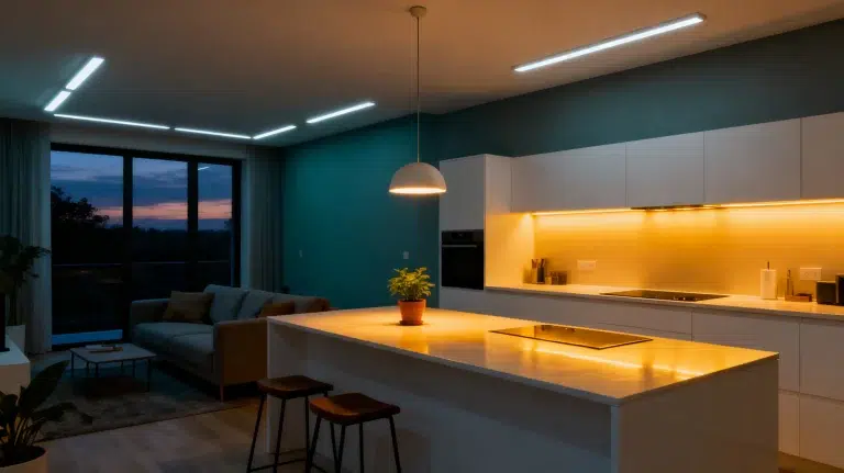 Modern kitchen with white cabinets, island, pendant light, and sunset view through large windows
