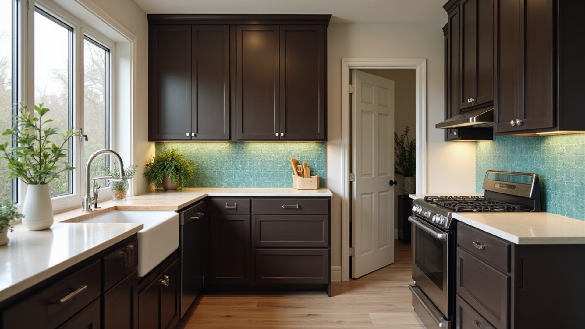 espresso brown dark cabinets with ivory walls and teal backsplash in a bright contemporary kitchen