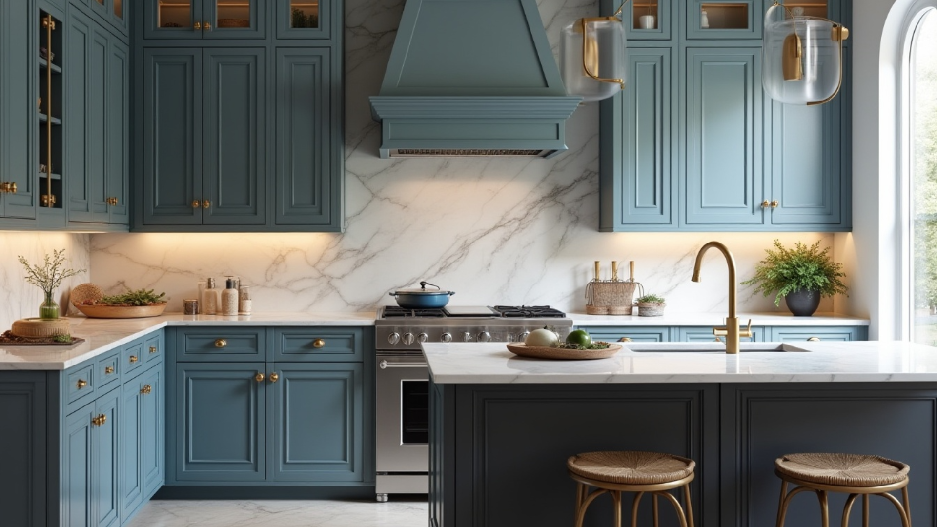 espresso dark cabinets with misty blue walls and satin gold hardware in a serene kitchen