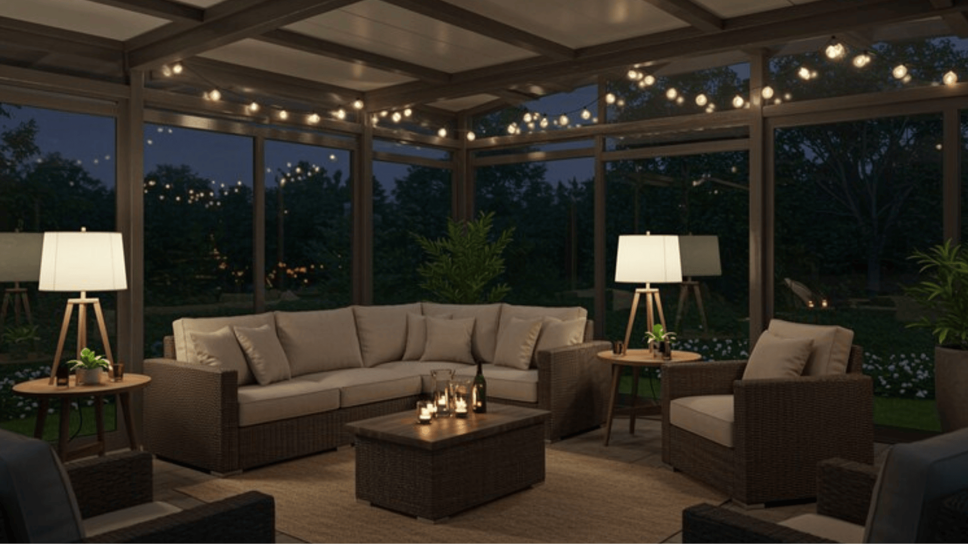 evening sunroom with cozy seating, string lights, candles, and large windows creating a warm relaxing outdoor ambiance