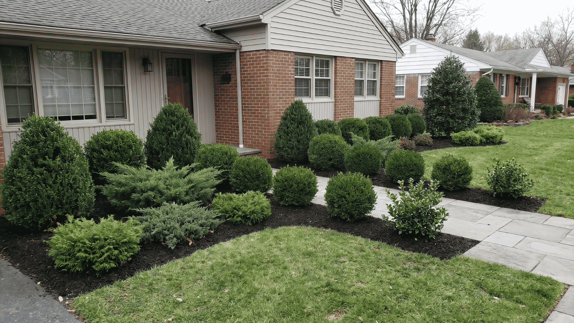 Evergreen shrubs along a walkway and house foundation.