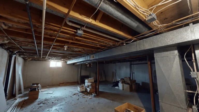 Exposed basement ceiling with joists, pipes, ducts, and wiring in an unfinished space