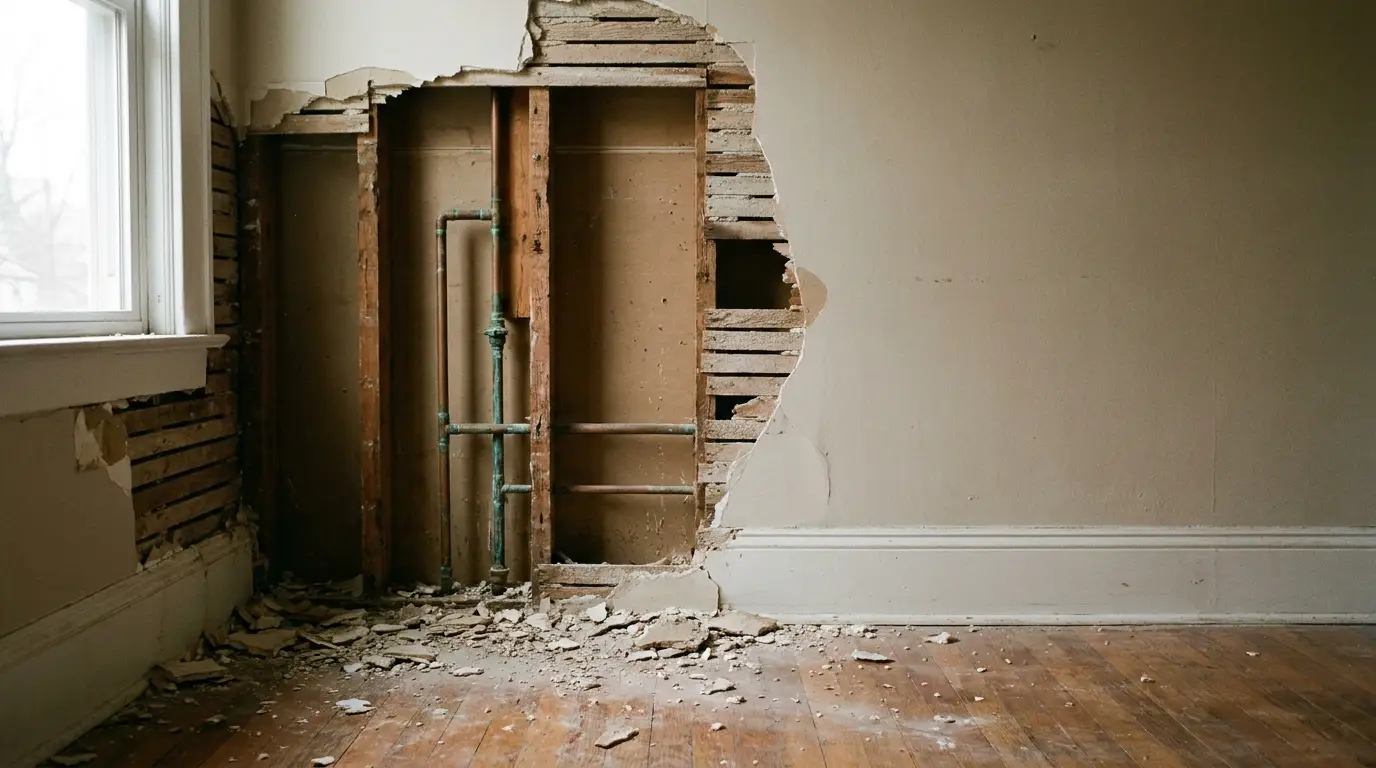 Exposed wall studs and plumbing in room with plaster debris on wooden floor