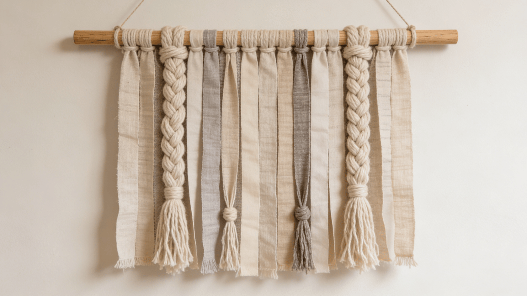 Fabric wall hanging with fabric strips and yarn tied to a wooden dowel rod on a plain wall