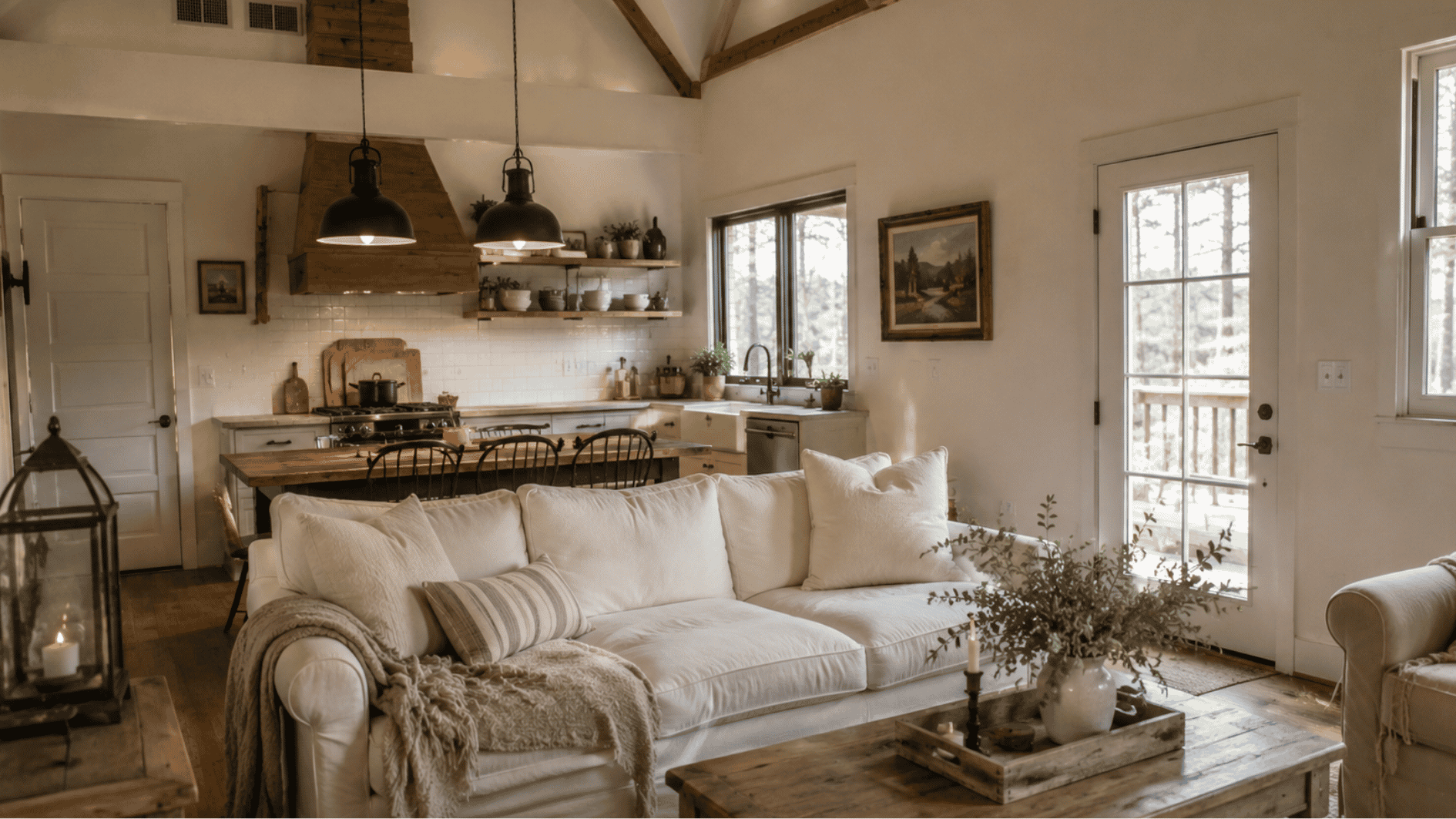 farmhouse cabin interior with beige tones, wooden shelves, cozy furniture, and warm pendant lighting