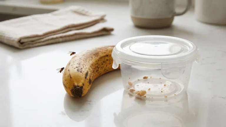Few fruit flies near an overripe banana and a container on a kitchen counter.