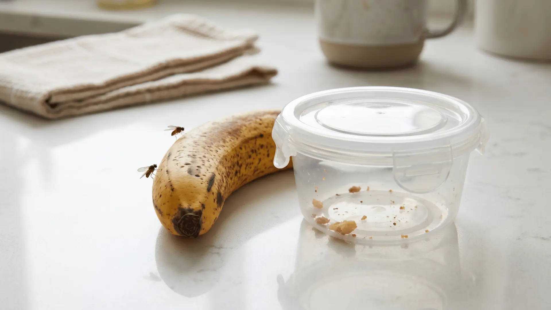 Few fruit flies near an overripe banana and a container on a kitchen counter.