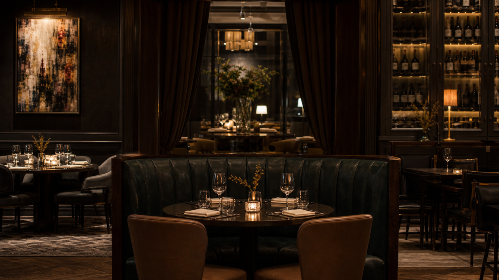 Fine dining room with deep upholstered seating, minimal table settings, and warm low lighting over widely spaced tables