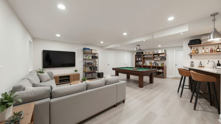 Finished basement with TV seating area, bar counter, and storage shelves in an open layout