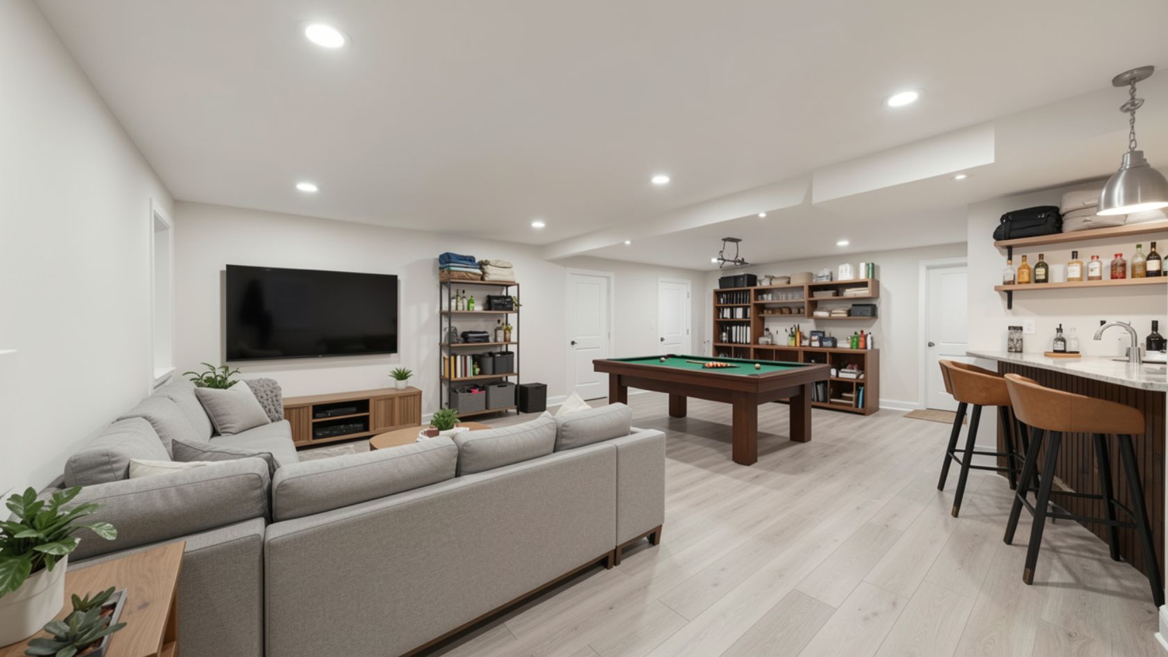 Finished basement with TV seating area, bar counter, and storage shelves in an open layout