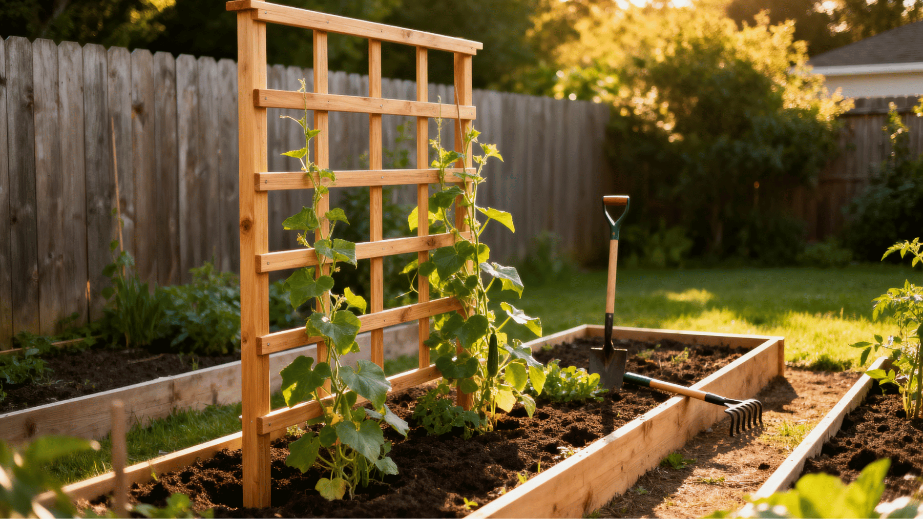 finished wooden diy trellis with climbing cucumber vines installed beside raised garden beds in a sunny backyard garden
