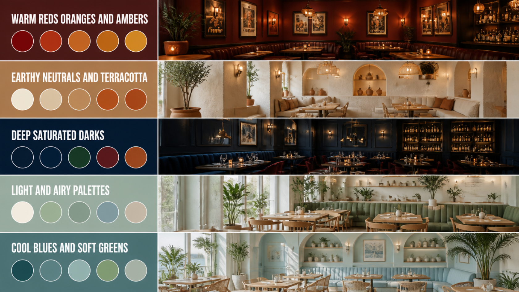 Five restaurant color palettes displayed with matching interior photos, from warm reds to cool blues.