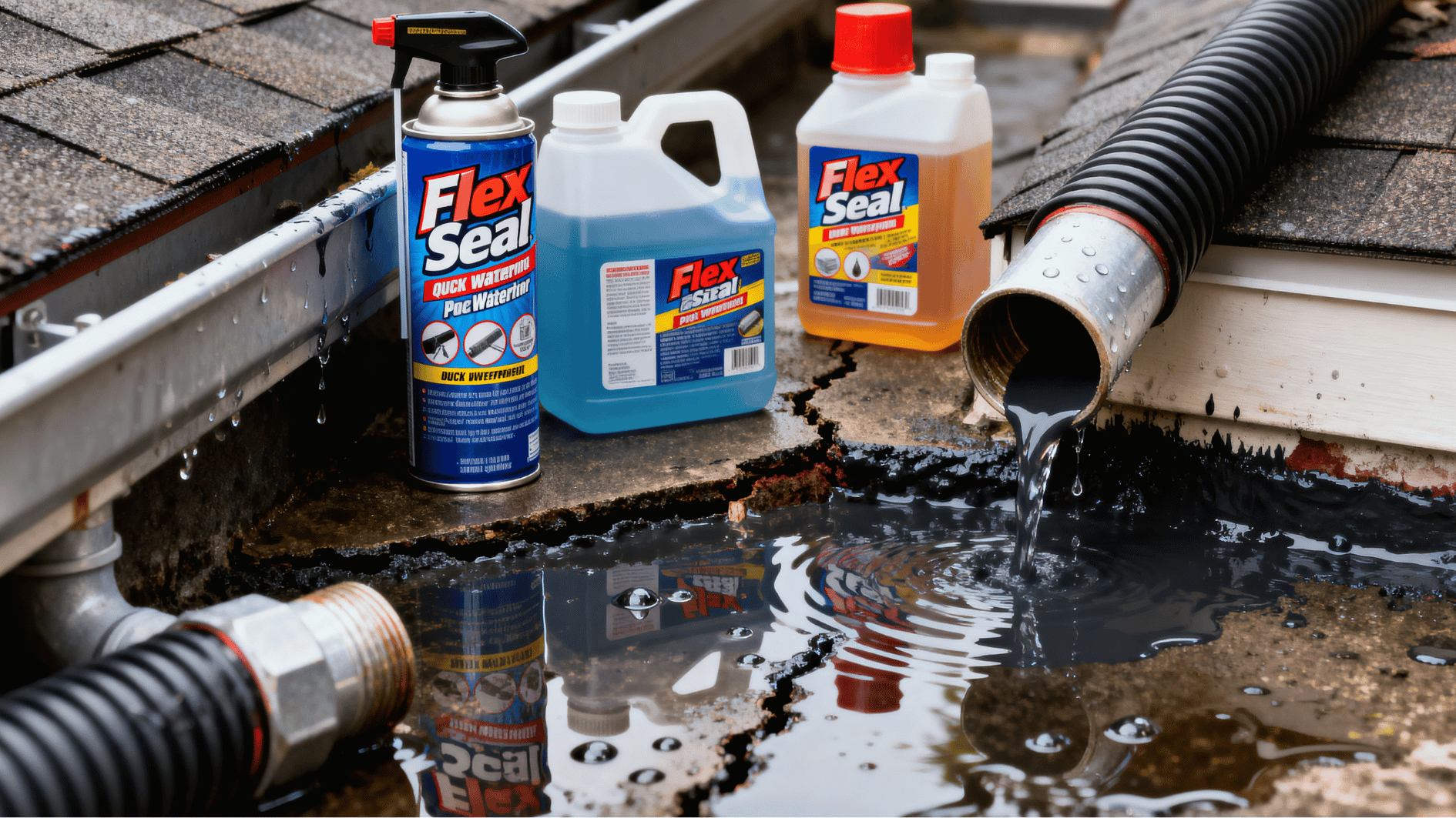 flex seal products placed near leaking gutters and cracked roof surfaces with water pooling around repair areas.