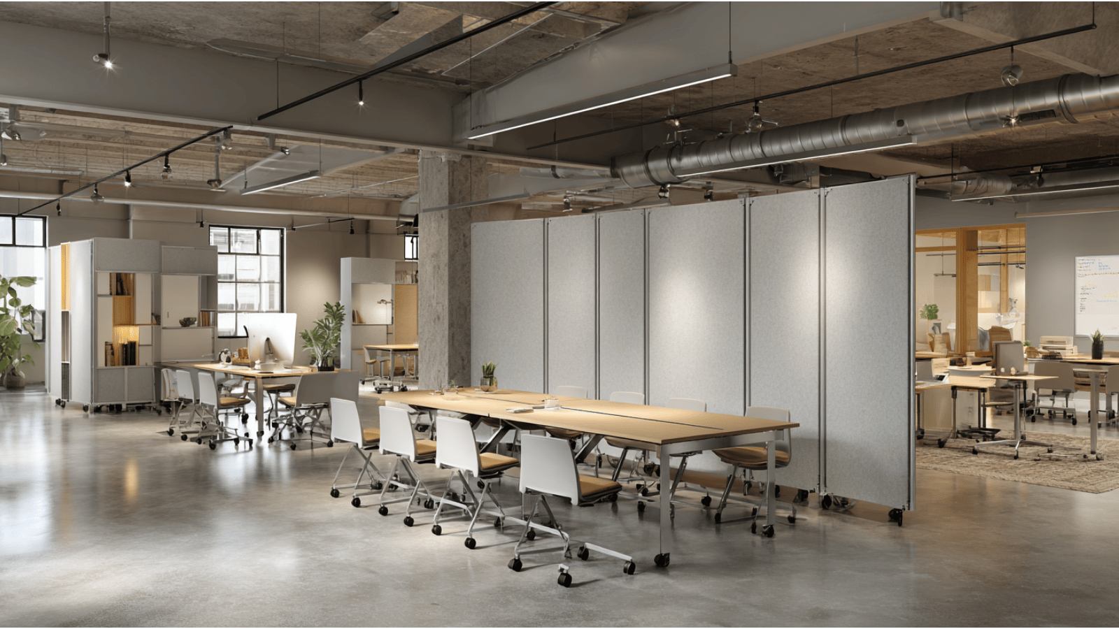 Flexible office layout with movable furniture.