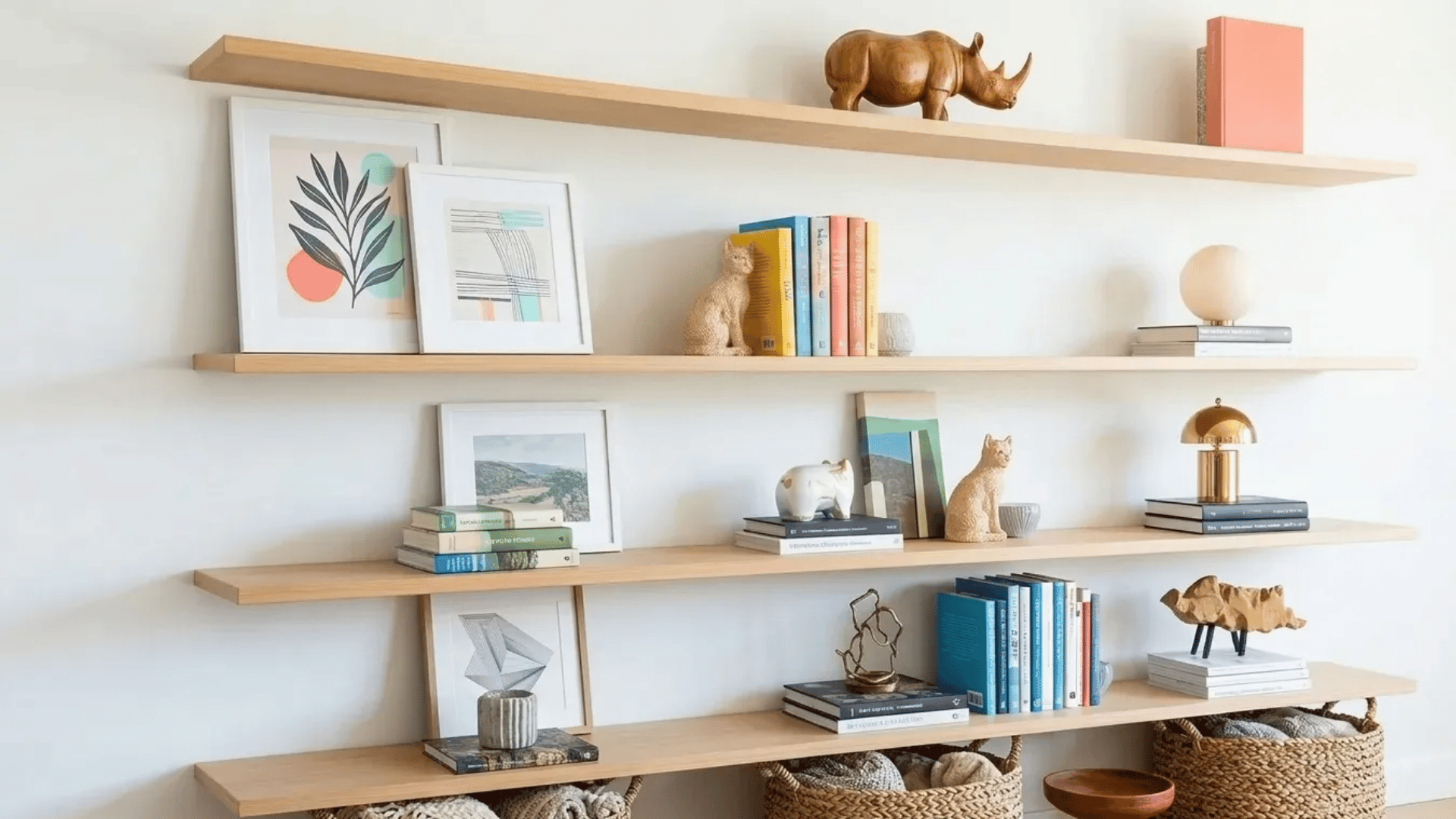 Floating wooden shelves styled with books, framed art, plants, and small decorative objects, arranged with visual balance and open gaps.